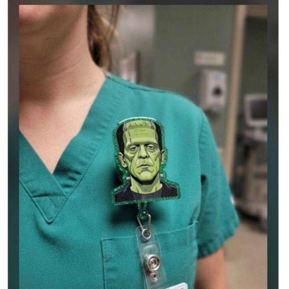 Green monster badge holder, spooky horror accessory, unique retractable work ID